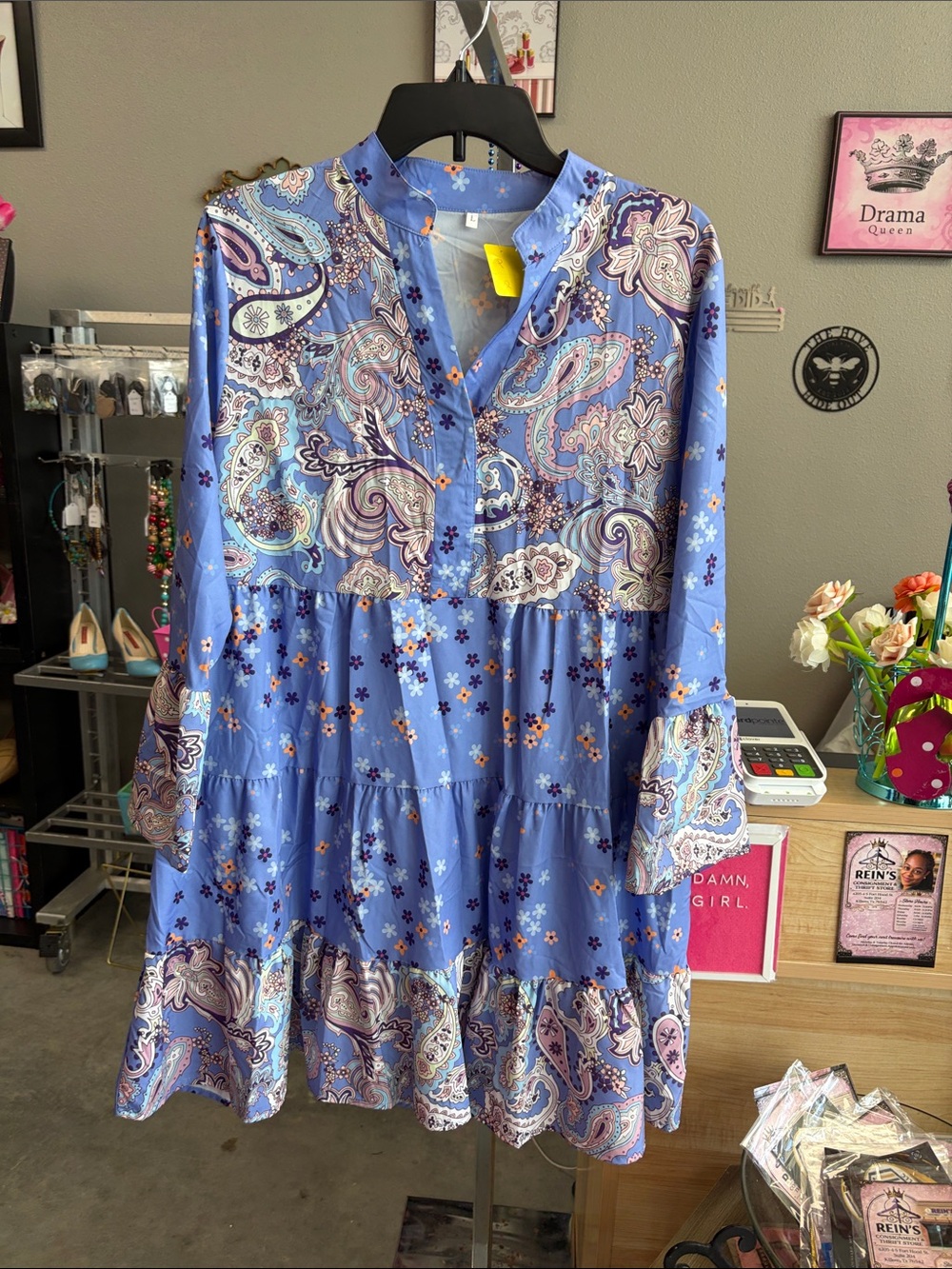 Blue Paisley Print Tiered Long-Sleeve Dress